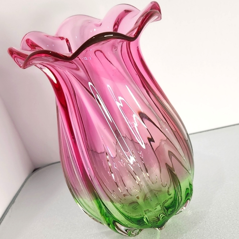 Teleflora vintage‎ handblown berry pink/green fade budding flower glass vase